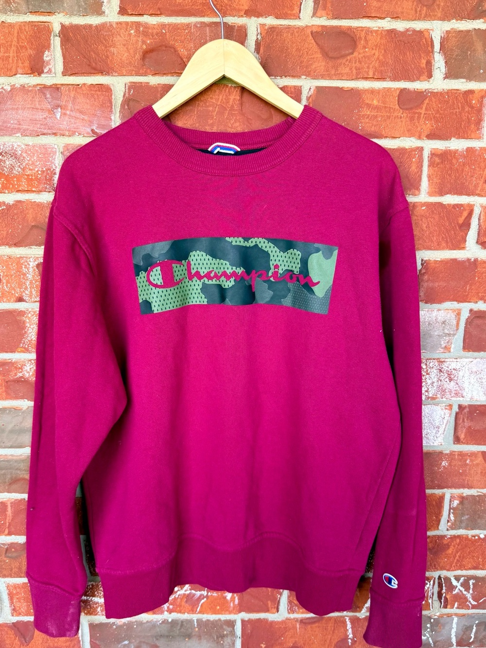 Champion Red Crewneck Sweatshirt with Blue & White Logo Trim